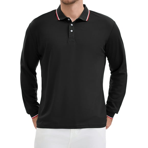 Camisa polo de golf de negocios de manga larga de ajuste regular para hombres, color sólido, talla L, negra