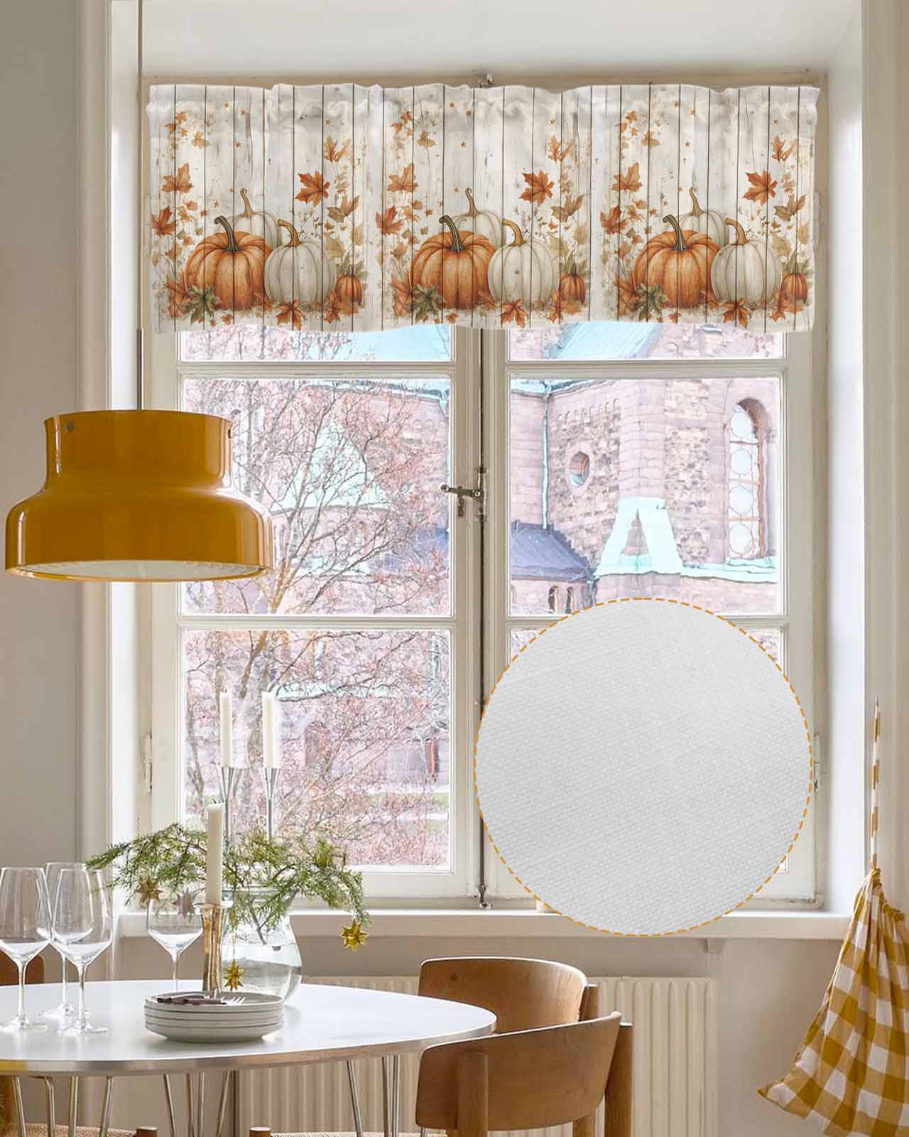 Thanksgiving Pumpkins Kitchen Valances for Windows Farmhouse Linen Window Valance Curtain for Living Room Window Treatment Fall Maple Leaves Farm Wood Grain Valance Rod Pocket Topper, 42 x 18 Inch