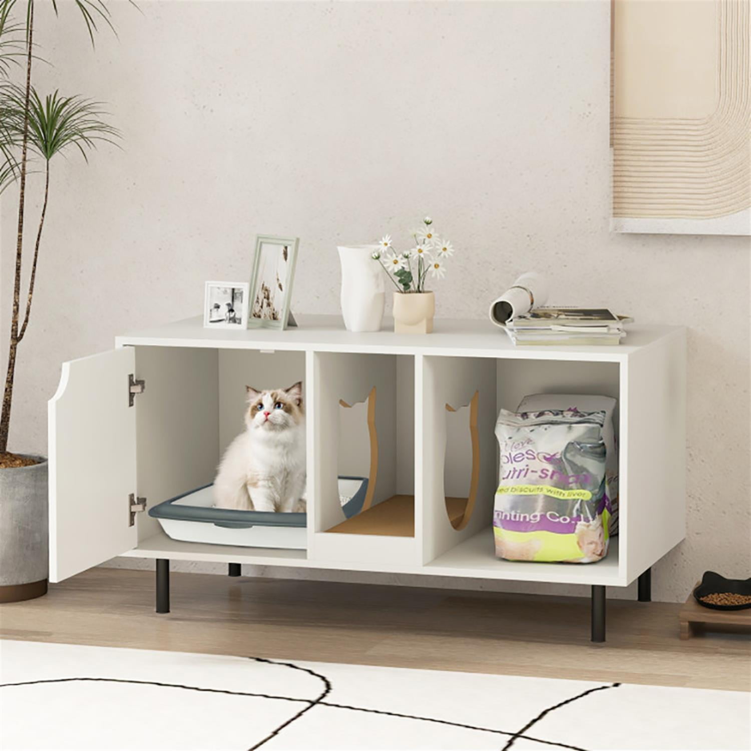 resenkos 40" Cat Litter Box Enclosure Furniture with Scratching Board, Hidden Litter Box for Cats, Cat House Furniture for Side Table or Nightstand, White