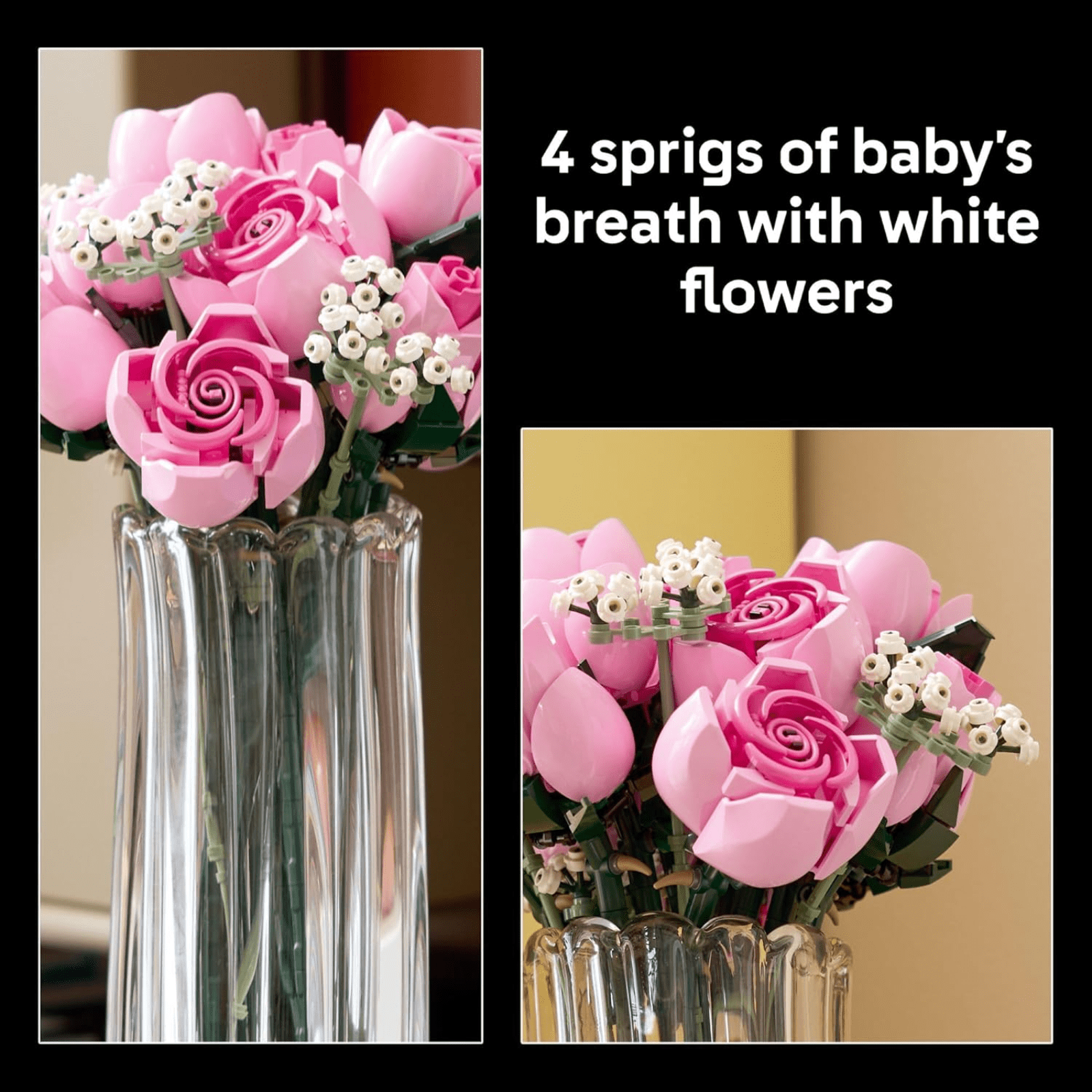 Bouquet of Pink Roses Building Kit 10374 Artificial Flowers Room Decor Blocks for Adults 18 Plus 789 Pieces