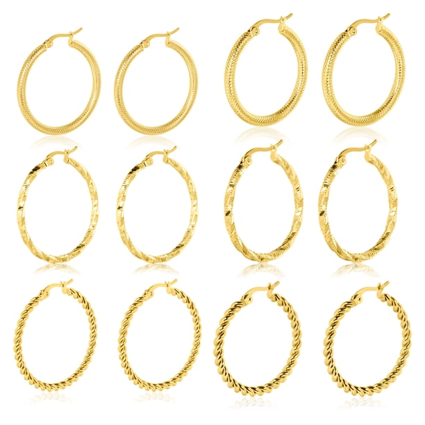 JeenMata Juego de 6 Pendientes de Aro con Textura en Paquete Múltiple Bañados en Oro Amarillo