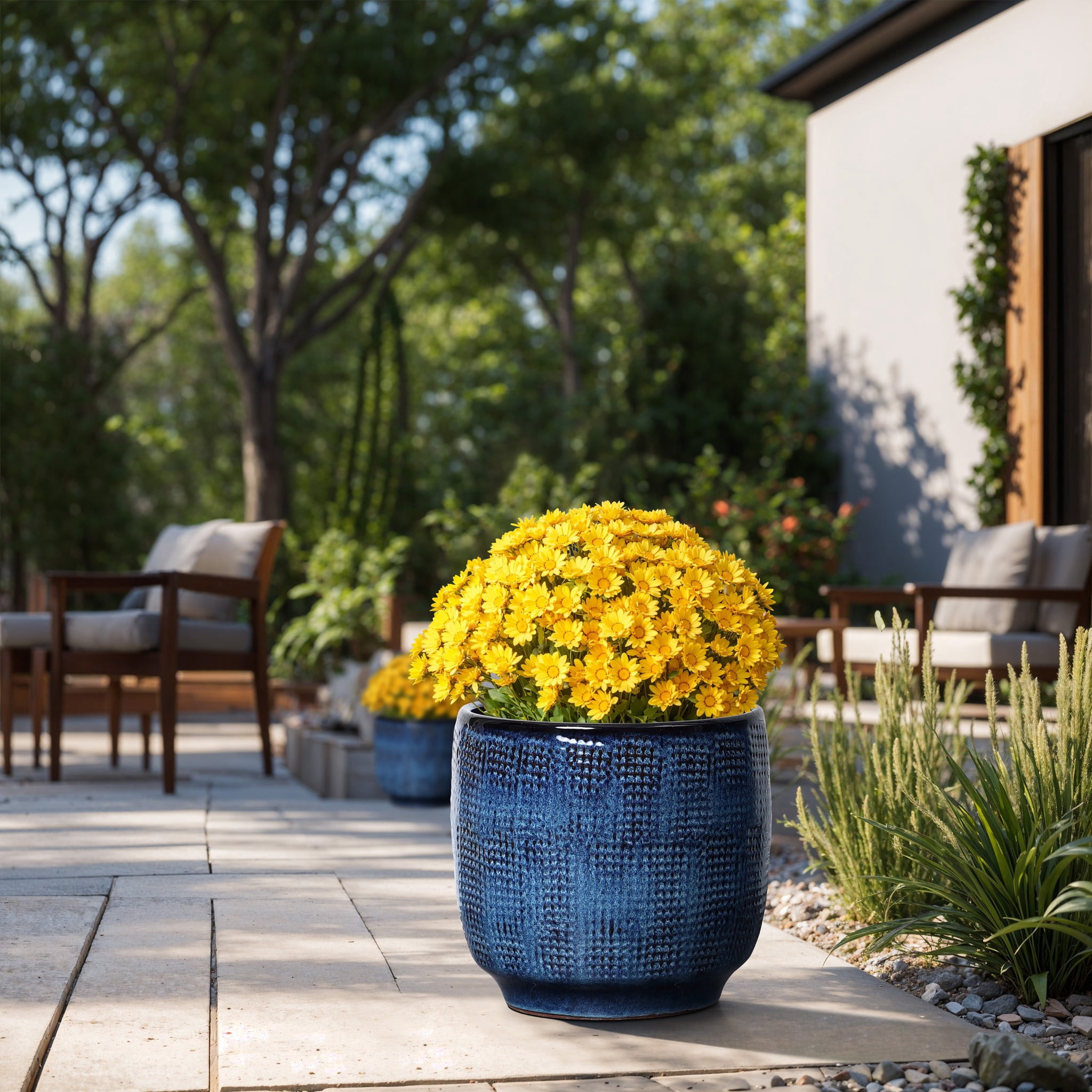 LuxenHome 12" Dia Large Ceramic Planter Pots for Plants, Teal Blue Glazed Round Planter with Drainage