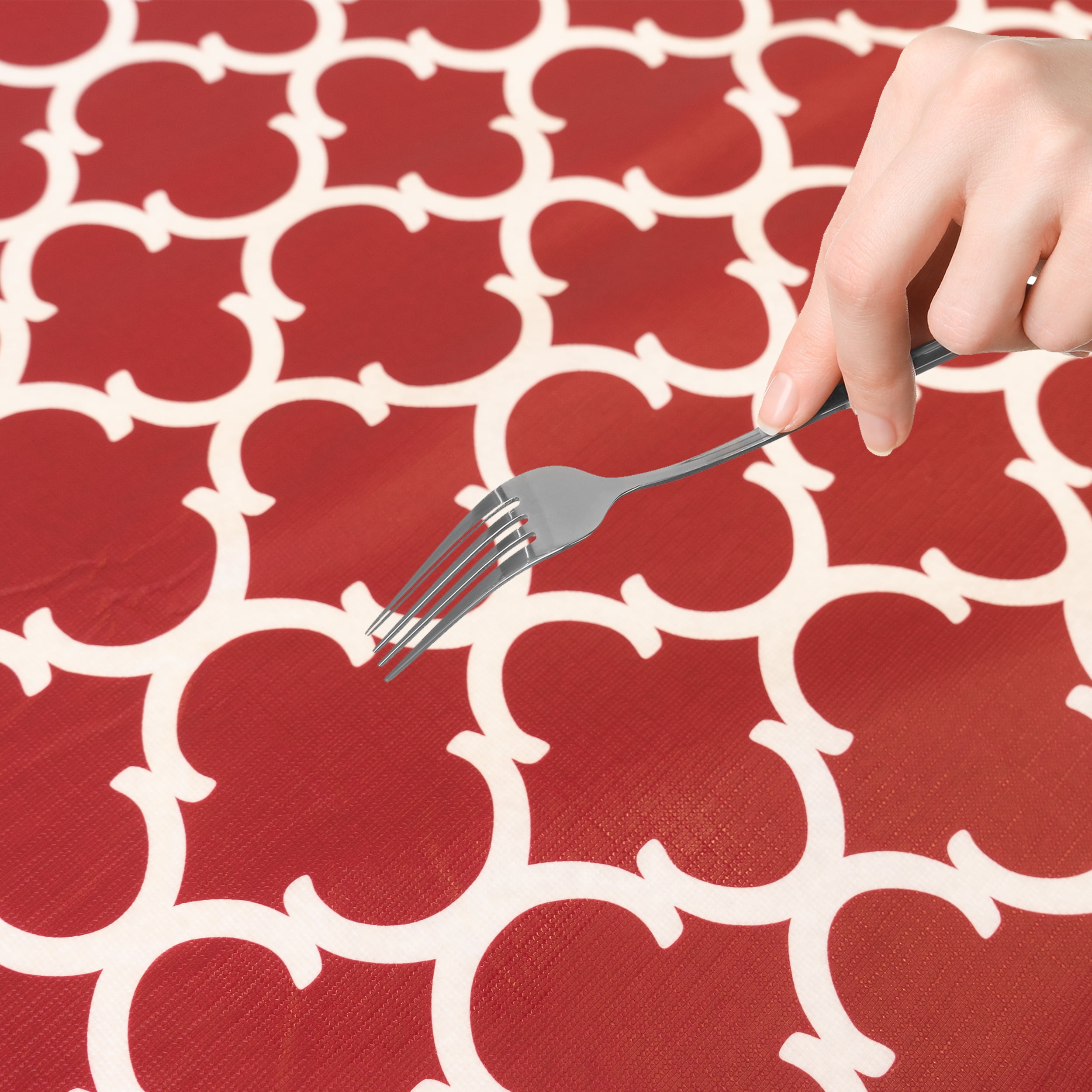 Waverly Inspirations Rectangular Elastic Fitted Table Cover Waterproof Vinyl Tablecloth With Flannel Backing, 6Ft Table, 72" x 30", Ogee Curl Cranberry, 8 PK