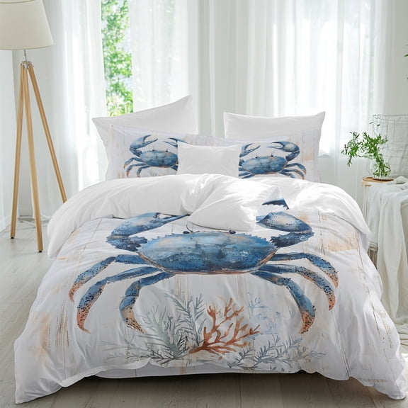 Retro Blue Crab Duvet Cover Set King Size, Ocean Coral 4 Piece Soft Microfiber Bedding Set with 1 Duvet Cover, 1 Flat Sheet, 2 Pillowcases