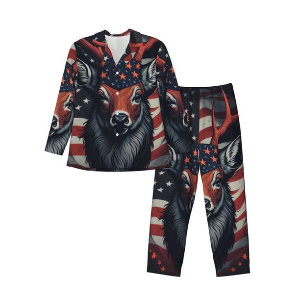 Fotbe Modern USA Deer Head Pijama de Hombre con Estampado de Manga Larga, Conjunto de 2 Piezas, Ropa de Dormir Suave y Cómoda con Bolsillos-XX-Large