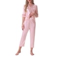 thumbnail image 2 of Conjunto de pijama de satén para mujer INSPIRE CHIC, camisa de media manga de seda con pantalones largos, ropa de descanso suave, color rosa, 2 of 6