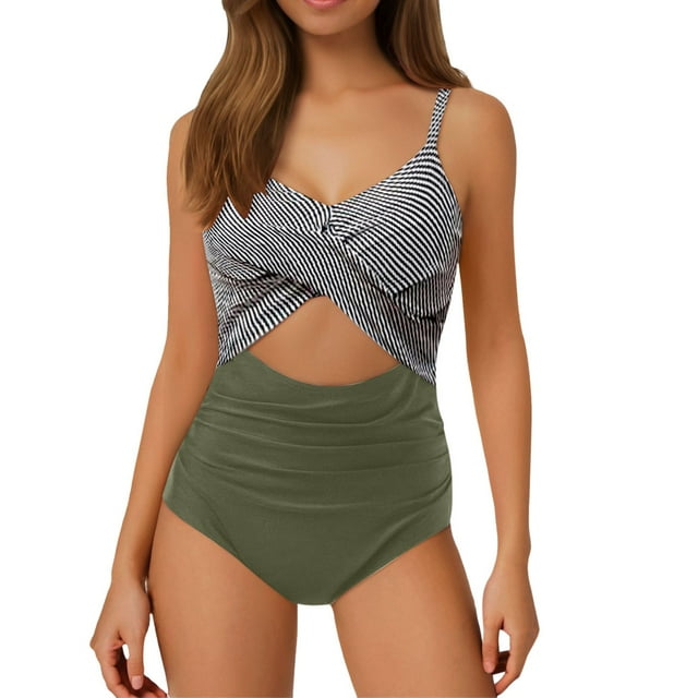 Maillots de Bain Bikini pour Femmes Robe de Bain Col en V Nœud Froncé Maillot de Bain pour Femmes Vert