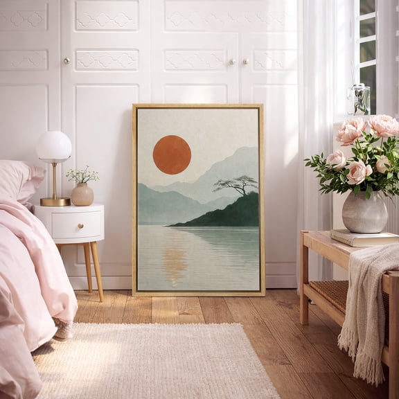 Framed Canvas Print Wall Art Sun over Calm Lake with Mountains Print Minimalist Landscape Artwork For Living Room Decor - 16"x24" NATURAL