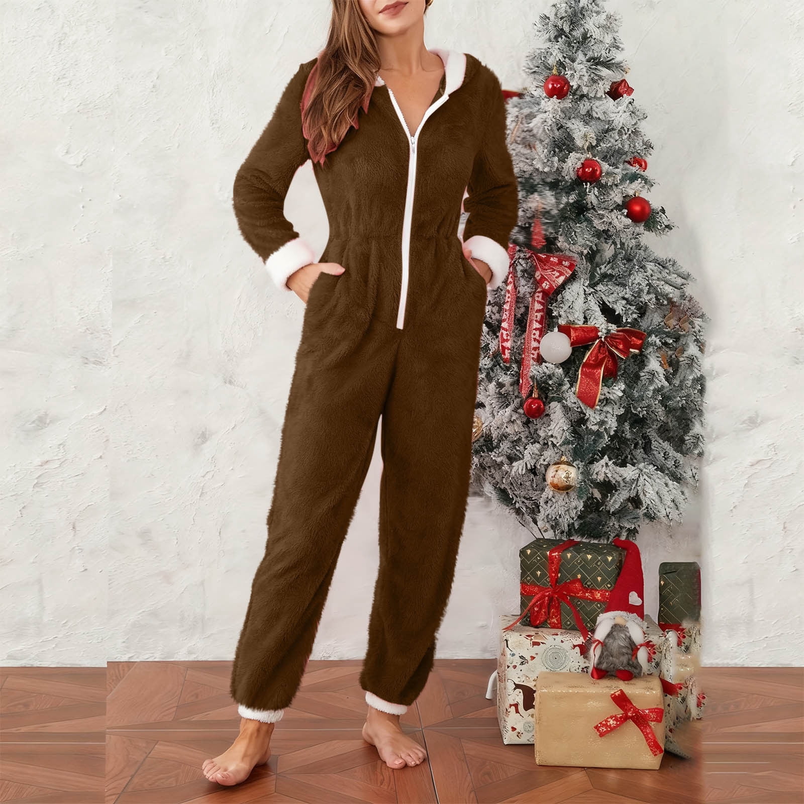 yoeyez Adult Onesie Pjs for Women Sherpa Jumpsuit Long Sleeve Fuzzy Pajamas Santa Hooded Winter Rompers Sleepwear