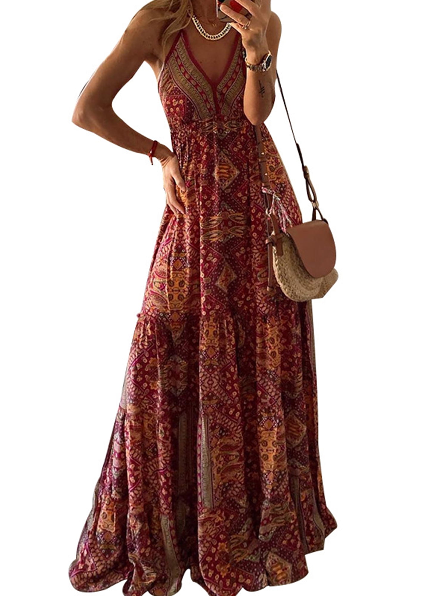 Women Sleeveless Floral Print Boho Casual O-Neck Long Maxi Dress Beach Sundress … Red,XL