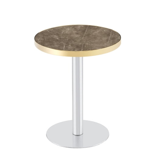 23.6-Inch Round Faux Gray Marble Bistro Table with Stainless Steel Base & Gold Trim Edge, High-Gloss Compact Dining Accent Table for Kitchen Office Balcony