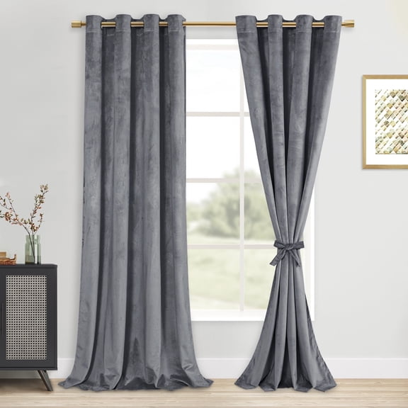 XWZO Velvet Blackout Curtains 96 Inch 2 Panels with knotable tiebacks for Window, Room Darkening Energy Saving Window Treatment Drape for Bedroom/Home Theater/Patio/Sliding Door,Grommet, Gray
