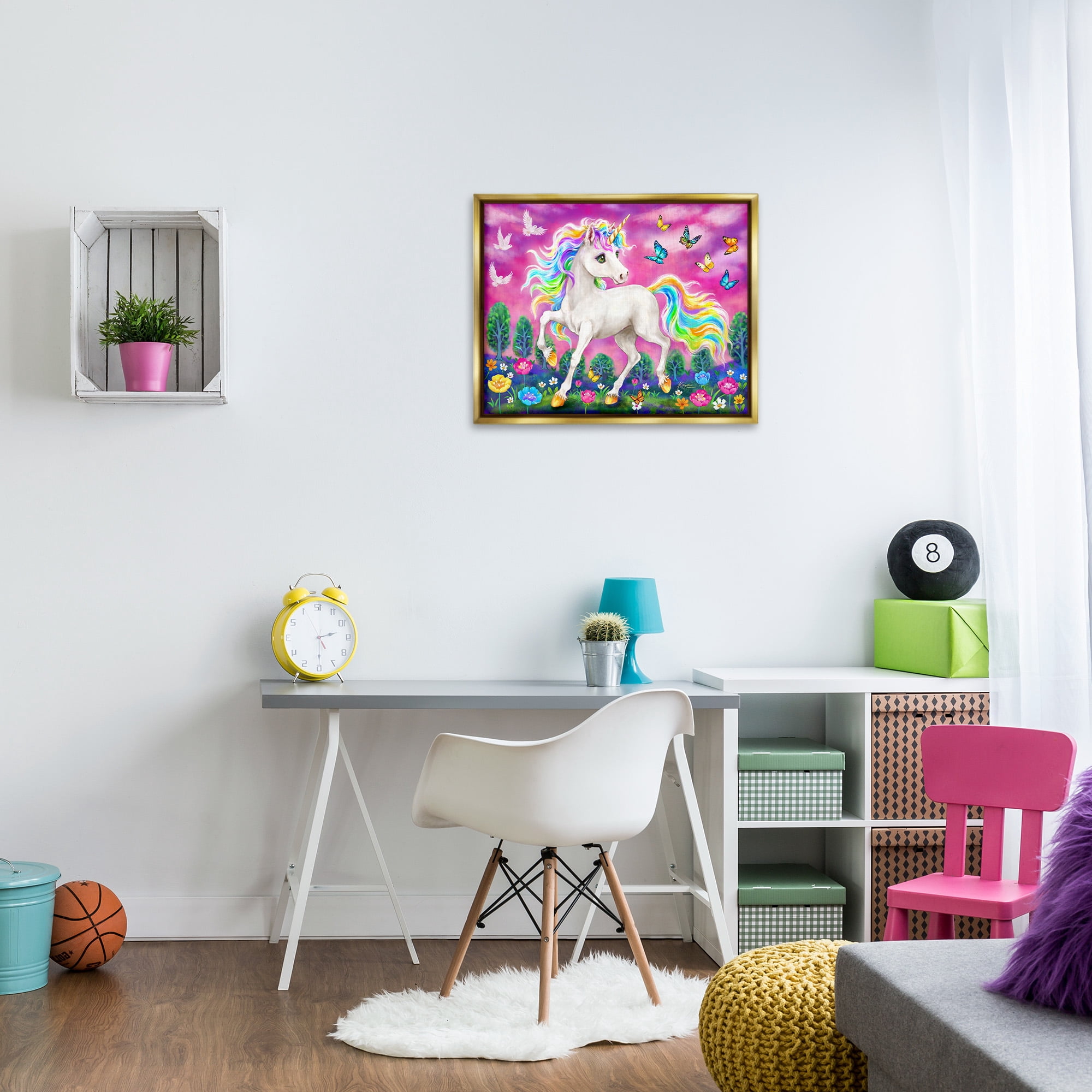 Stupell Industries Unicorn in Meadow Fairy Tales & Fantasy Painting Gold Floater Framed Canvas Art Print Wall Art, 31 x 25