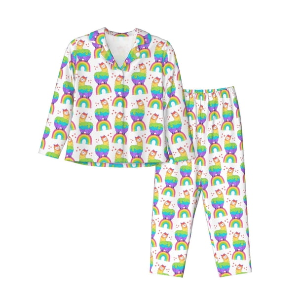 Balery Rainbow Llama Conjunto de Pijama con Estampado para Mujer, Conjunto de Dos Piezas con Manga Larga, Ropa de Dormir Suave con Bolsillos, Pijamas Cómodos-X-Large