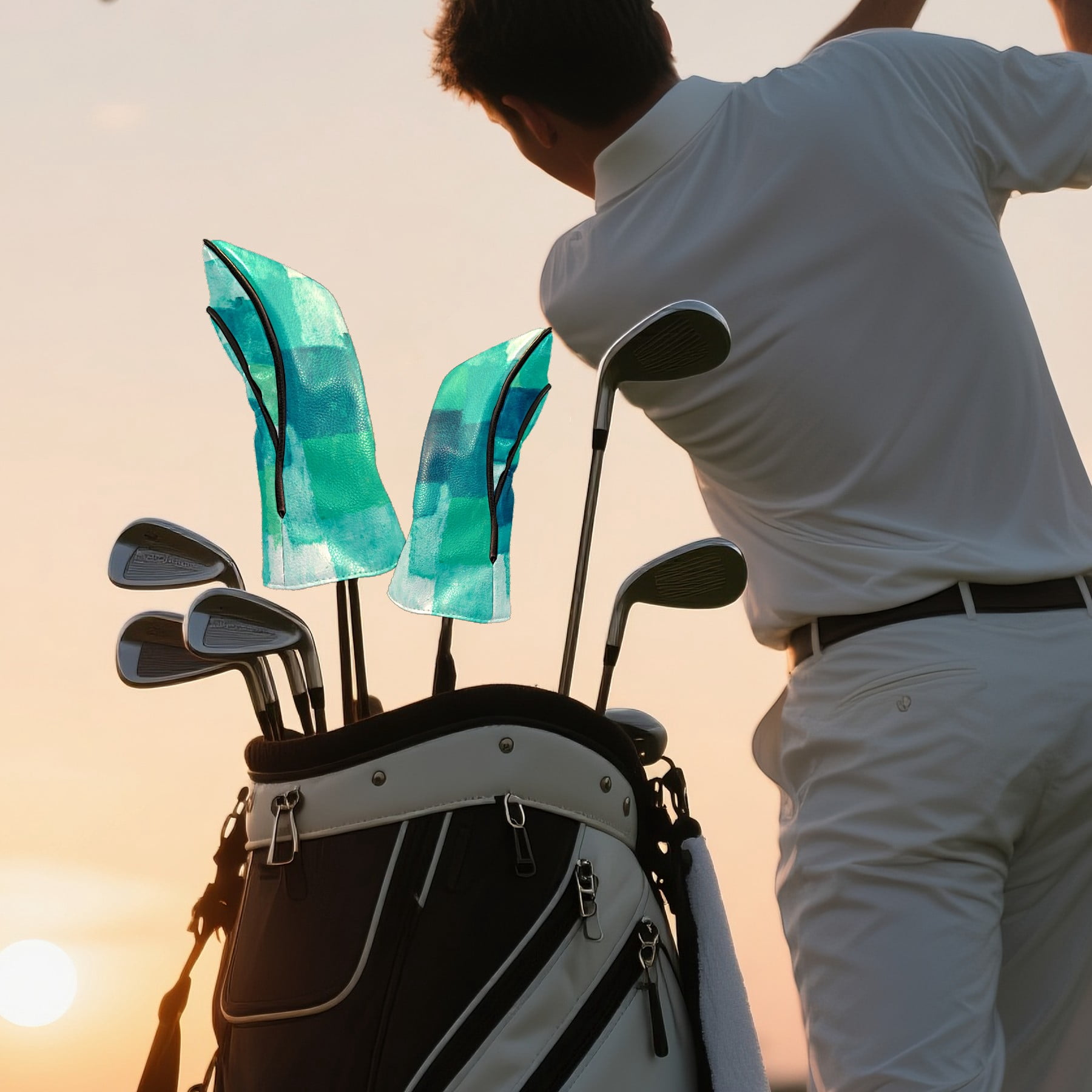 Golf Club Covers, Abstract Art Painting Premium PU Leather Driver Hybrid Putter Head Covers with Velvet Lining, Waterproof Golf Gifts for Men Women