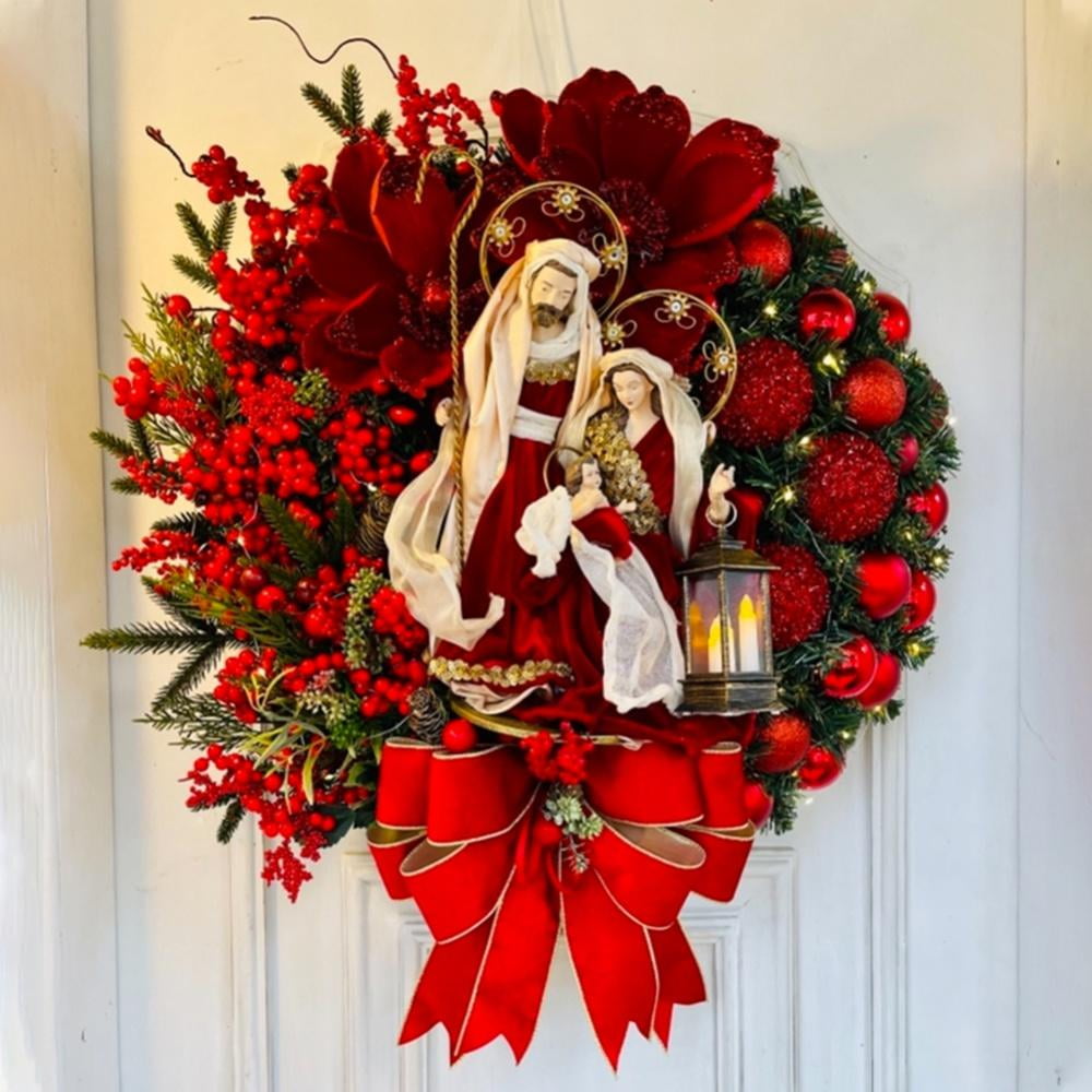 Christmas Holiday Decoration Wreath,Red Poinsettia Nativity Artificial Wreath, for Indoor Outdoor Decoration