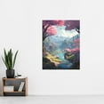 thumbnail image 2 of Cherry Blossoms by River Bright Painting Springtime Blooming Pink Trees in Coastal Fishing Village Landscape Extra Large XL Wall Art Poster Print, 2 of 3