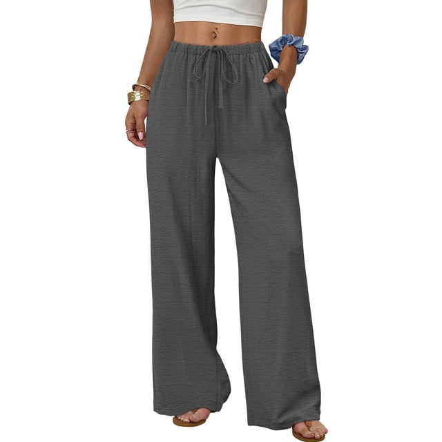 Pantalones Sampeel Palazzo Pierna Ancha con Cintura Elástica y Cordón Gris M