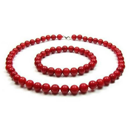 Orange Red Dyed Simulated Coral Color 9MM Ball Beads Strand Necklace Stretch Bracelet Set For Women 925 Silver Clasp