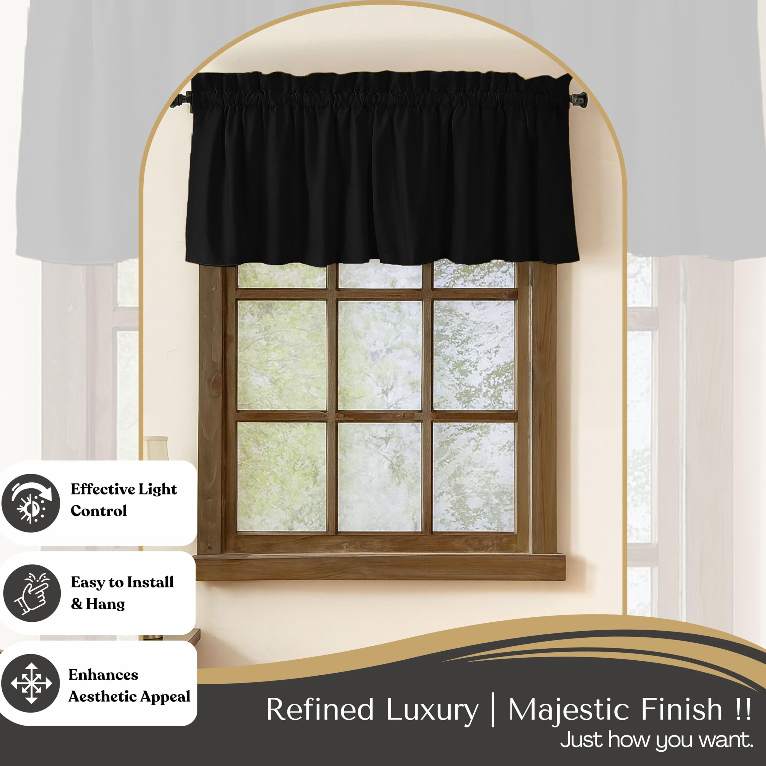 Native Fab Set of 2 Valance Curtains for Windows 54"x18" for Living Room Bedroom Kitchen Windows Bathroom, Farmhouse Vintage Curtain Valances Rod Pocket - Black