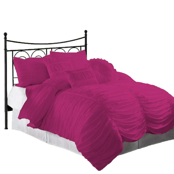 BedDecor Modern Heirloom Emily Texture 5PCs Gathered Solid (Hot Pink, Full/Queen) 100% Egyptian Cotton Base Duvet Set