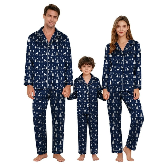Christmas Family Pajamas Silk Xmas Pjs Matching Sets Long Sleeve Button Down Loungewear Sets 2 Pcs Outfits (Kid, Blue, Size 3-4 Years)