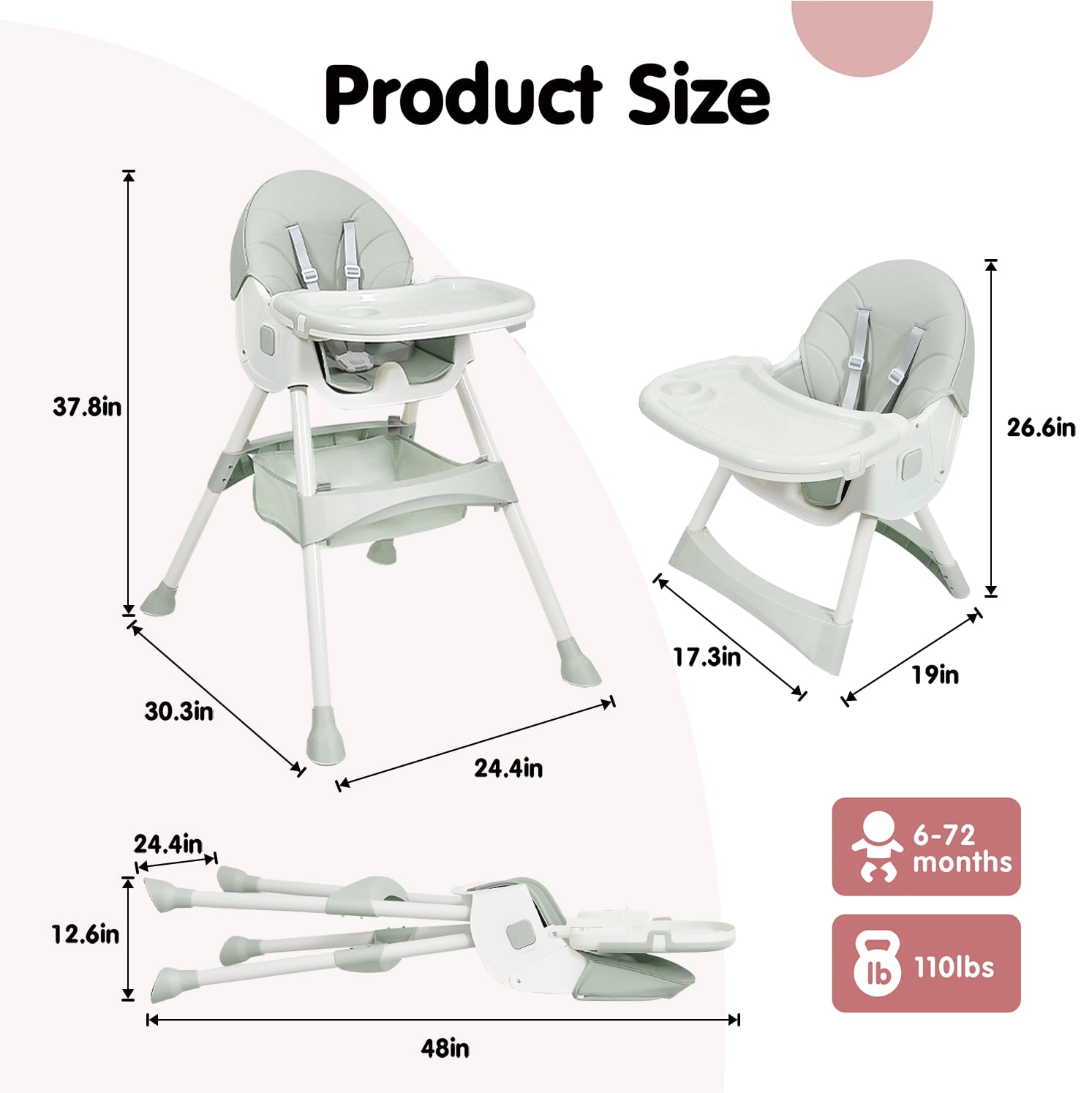 Aprpink 6 in 1 Baby Convertible High Chair Seat with 5 Point PU Safety Harness, Light Green Striped