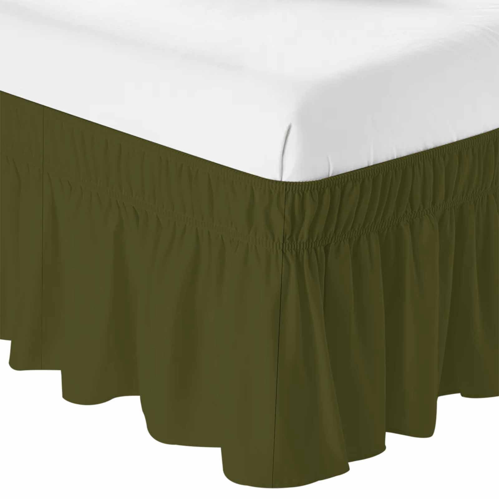 Bed Skirt Olive Green Adjustable Elastic Wrap-Around Dust Ruffle with Solid Color 16 Inch Drop, Bed Frame Cover for Queen Size Bed