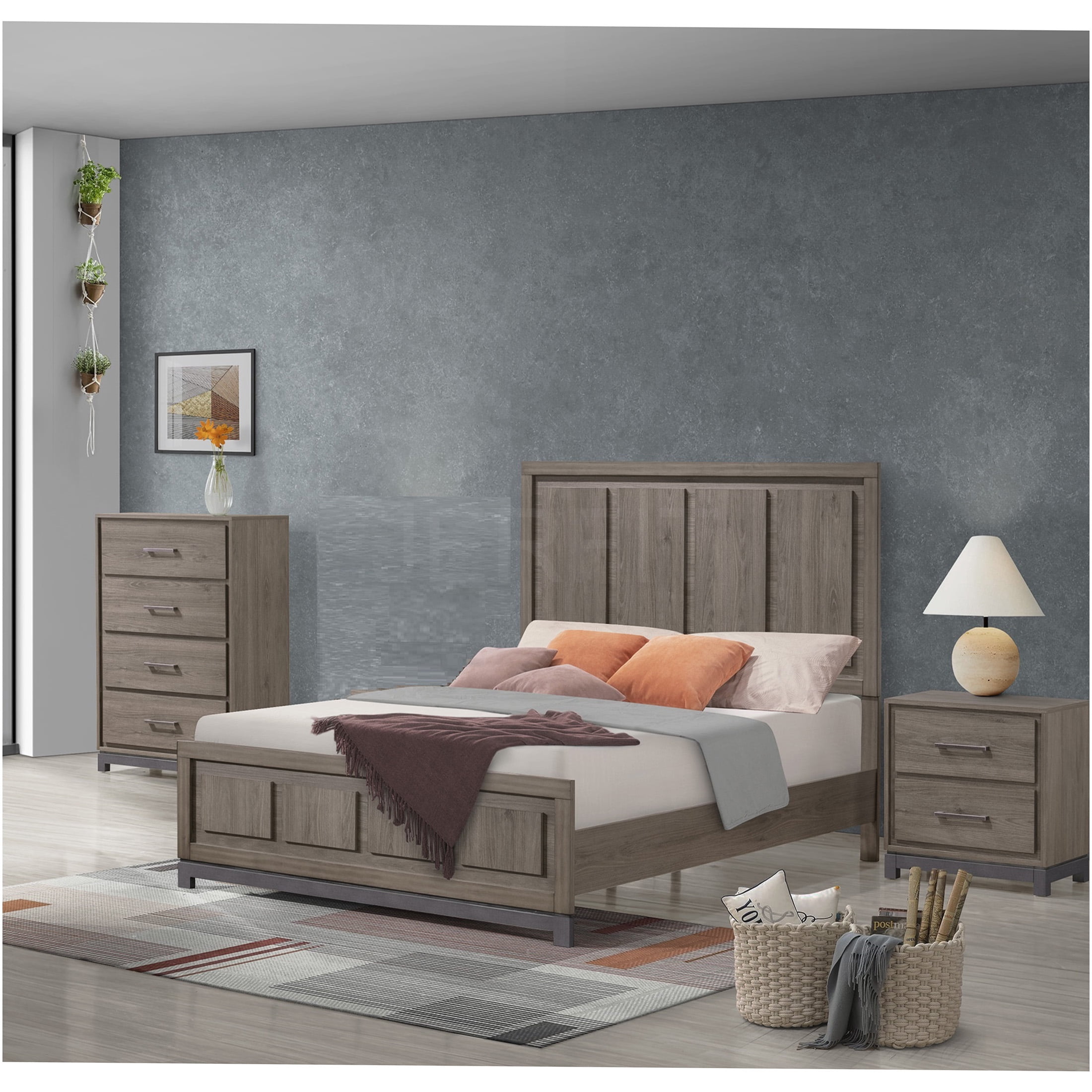 JERFIT Modern King Size Bed Frame with Headboard, Minimalist Platform Bed, Grey Oak Wood Bedroom Furniture