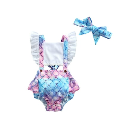 

TheFound 6 Colors Summer Lovely Baby Girls Rompers Headband 2pcs Fish Scales Print Bandage Jumpsuit
