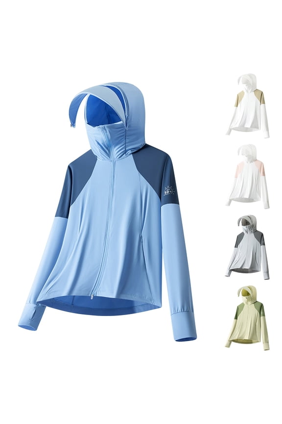 Gifts Ice Silk Color Blocked Long Sleeve Hooded Sunscreen Jacket, Thin Breathable Anti UV Casual Coat for Men Summer Outdoor Wear White M