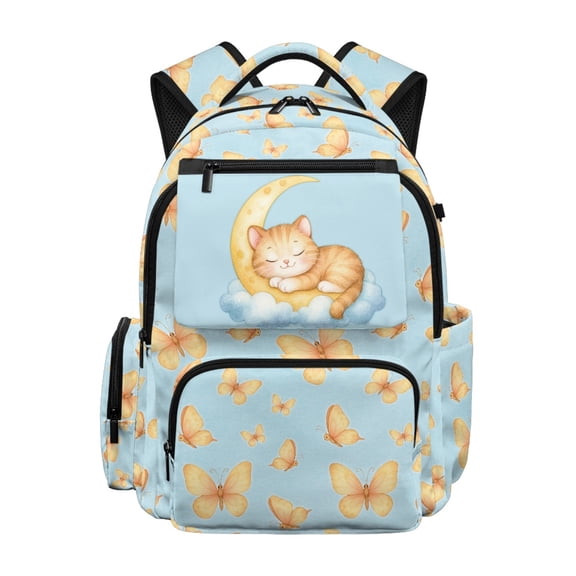 FUIALDOLG Sleeping Cat Moon Pattern 17 Inch School Backpacks, Lightweight 600D Polyester Book Bag for Girls, Back to School Daily Use