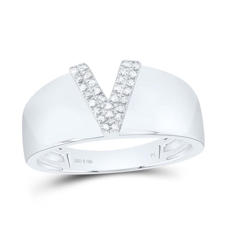 .925 Sterling Silver Diamond Women's Block Letter V Initial Band Ring 1/20 CT