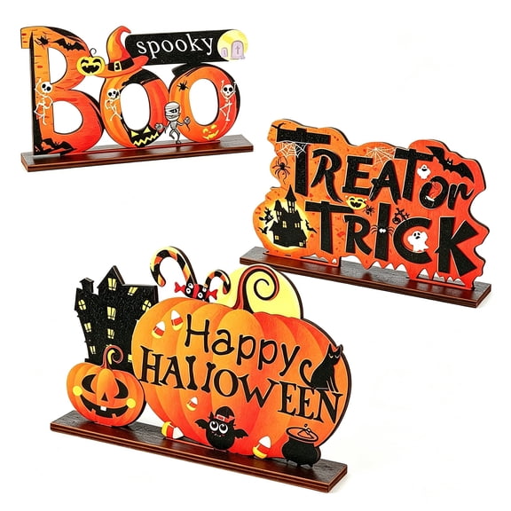 Coolmade 3Pcs Halloween Centerpieces for Tables Happy Indoor Table Decorations Pumpkin Table Centerpieces Wooden Boo Trick or Treat Sign for Halloween Party Indoor Tier Tray Room