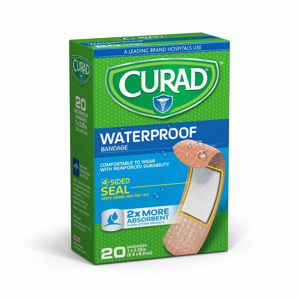 Curad Waterproof Strip Bandages Extra Strength, 1″ x 3.25″, 20 Count