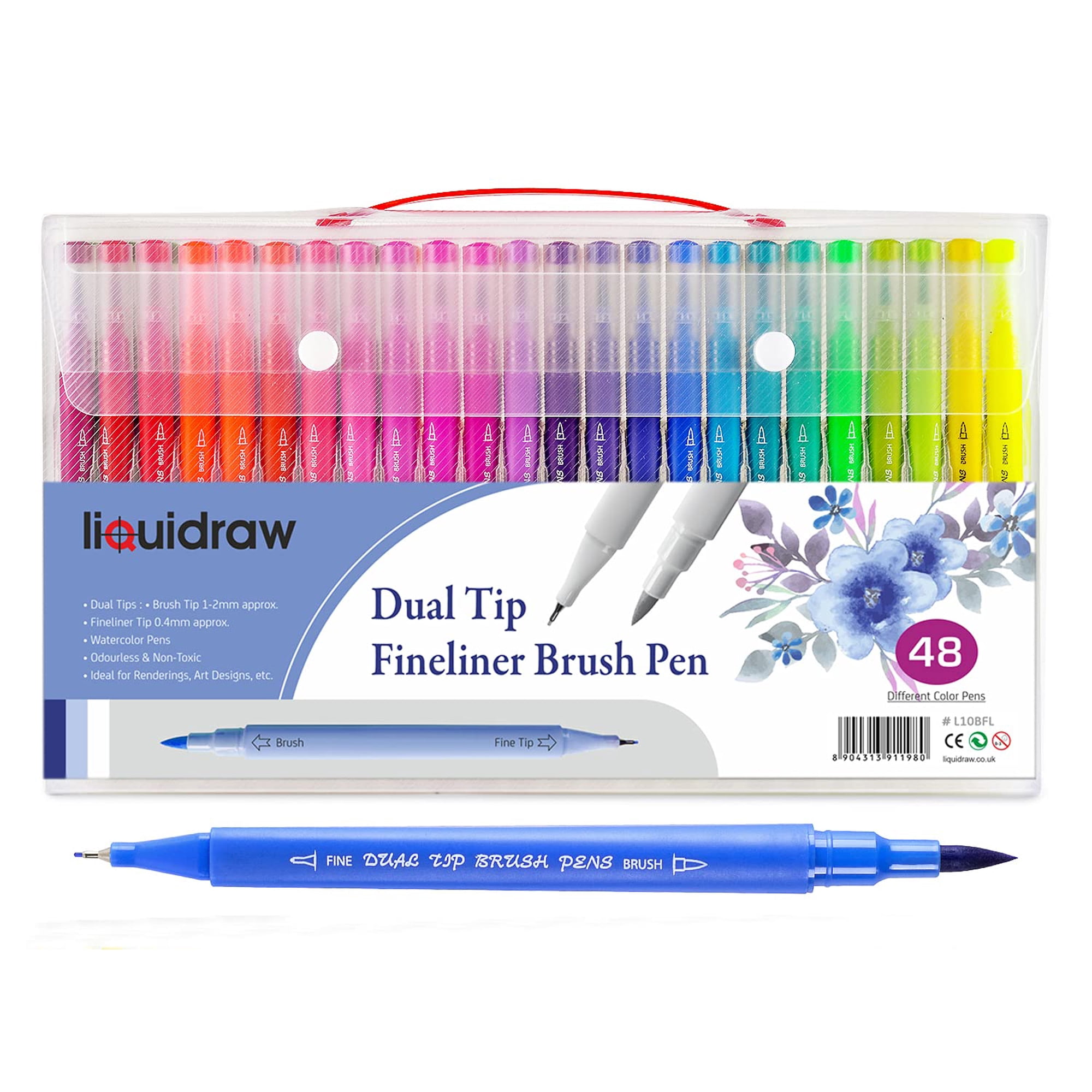 Liquidraw Dual Tip Brush Pens Fineliner Colouring Set Fineliners Coloured Watercolour Markers In Case For Adult Colouring Books Sketching Painting Calligraphy Drawing & Lettering (48)