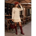 thumbnail image 6 of Women Cable Knit Sweater Dress Crewneck Long Sleeve Pleated Mini Dress Twofer Style Patchwork Dress Light Brown L, 6 of 8
