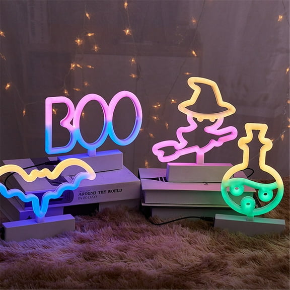Floleo Neon Light Halloween Decorations LED Lamps Ghost Pumpkin Bat Shape Neon Signs Decorative Battery Operated Night Lights With Holder Base For Bedroom Table Desk Room Home Party Bar Gifts