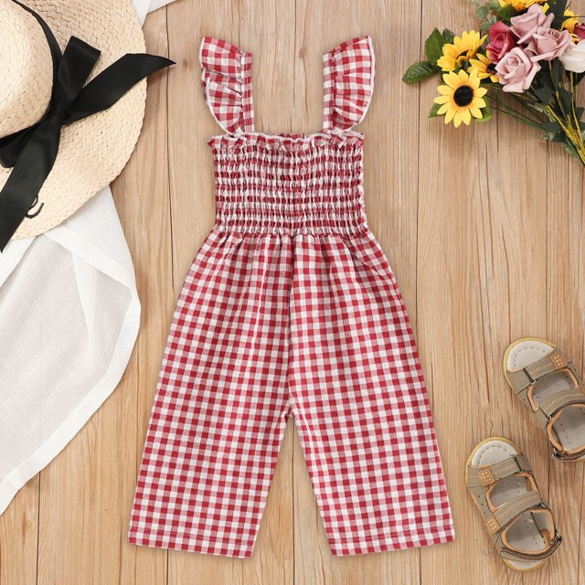 XDZJLR Combinaisons pour Filles Sans Manches à Carreaux Hauts Bas Vêtements Combinaison Rouge 3-4 Ans