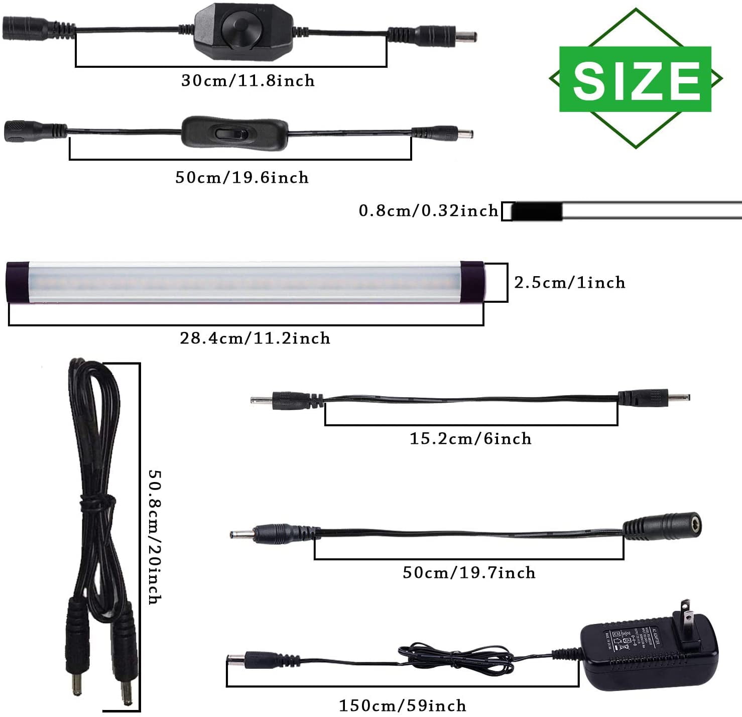 Dimmable LED Under Cabinet Lighting Kit - 4 Panel Warm White Strip Lights with Rocker Switch & Plug Adapter, Direct Wire 12V