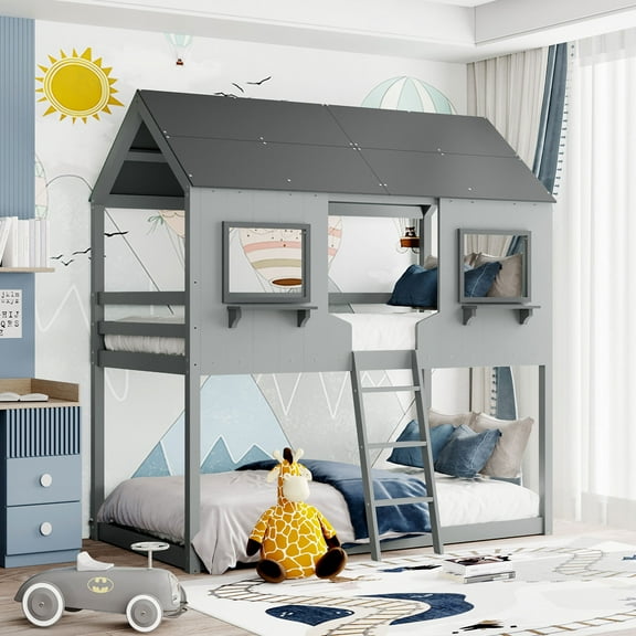 Gray Twin Over Twin Wood Bunk Bed with Roof, Window, Guardrail, Ladder