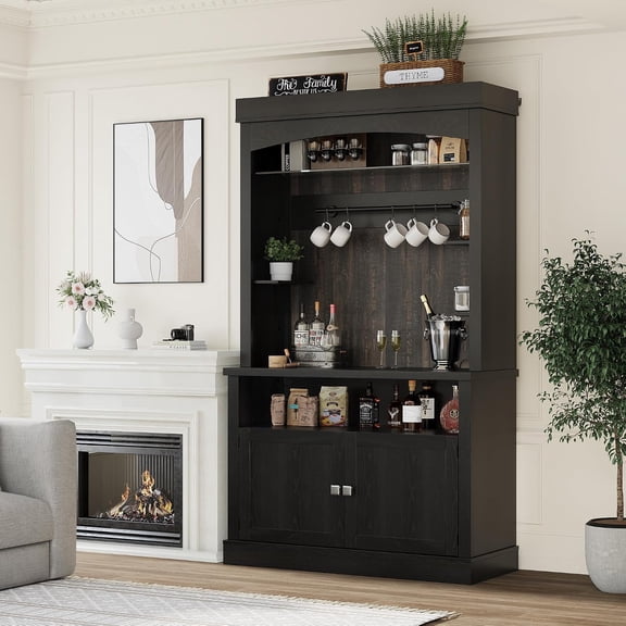 72" Farmhouse Coffee Hutch with LED Lighting & Wine Rack – Large Wooden Buffet Cabinet with Glass Shelf for Kitchen, Dining Room, Living Room – Black