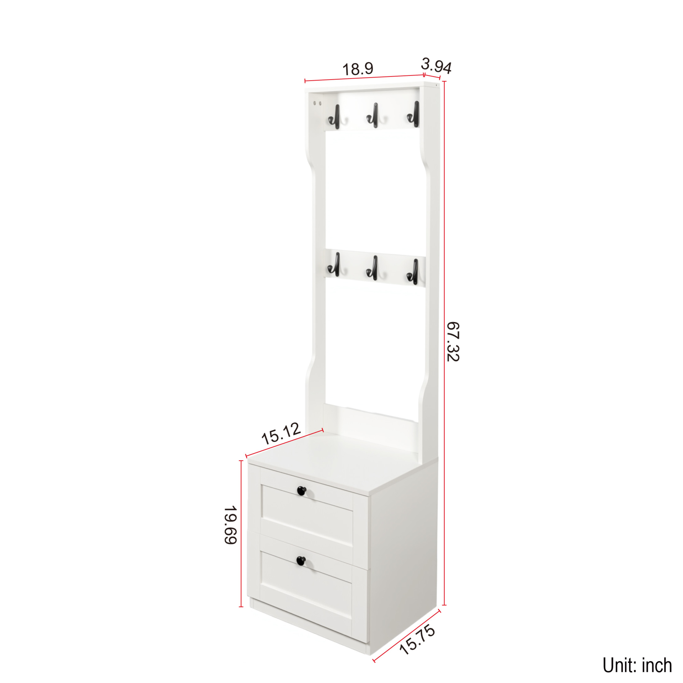 Noble House 67.3" 2-in-1 Coat Rack Nightstand, Drawer Storage & Hooks, Freestanding Wood Organizer, White