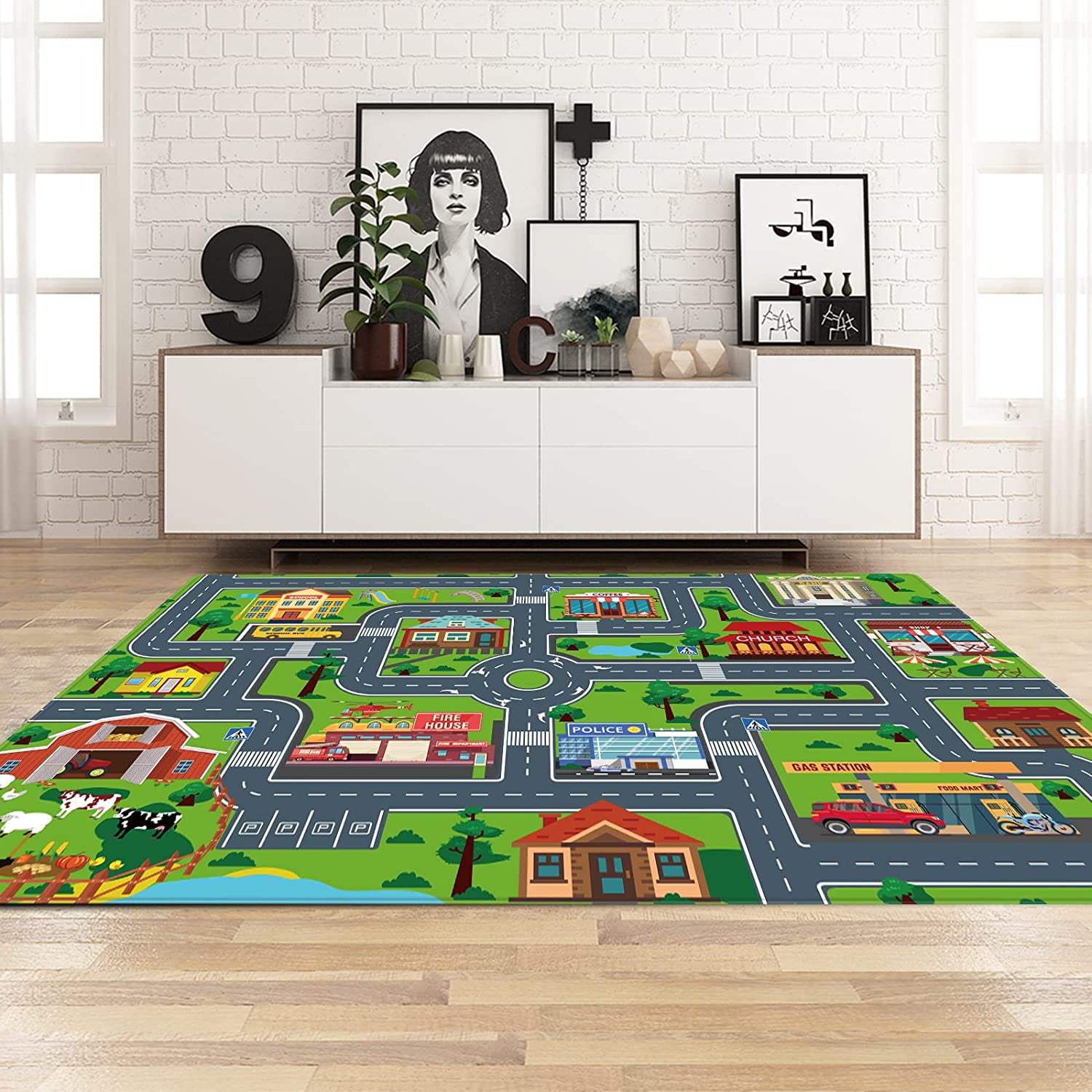 Kids Carpet Playmat, Rug for Playroom, Mat, Kids Play Rugs Town City Road Map Rug, Extra Large Boys, Track Play Rug Bedroom, Living Room, 78.7X 59 Inch