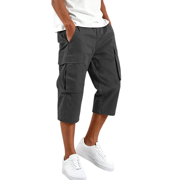 Satingcolo Men's Cargo 3/4 Length Shorts Elastic Waist Capri Pants with Zipper Pockets