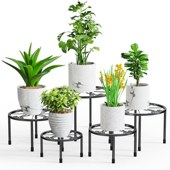 Foukus 5-Pack Black Metal Plant Stand: Rustproof Flower Shelf Indoor and Outdoor, Durable Pot Stands for Living Room, Balcony, Patio, Garden, Office, Home - Straight