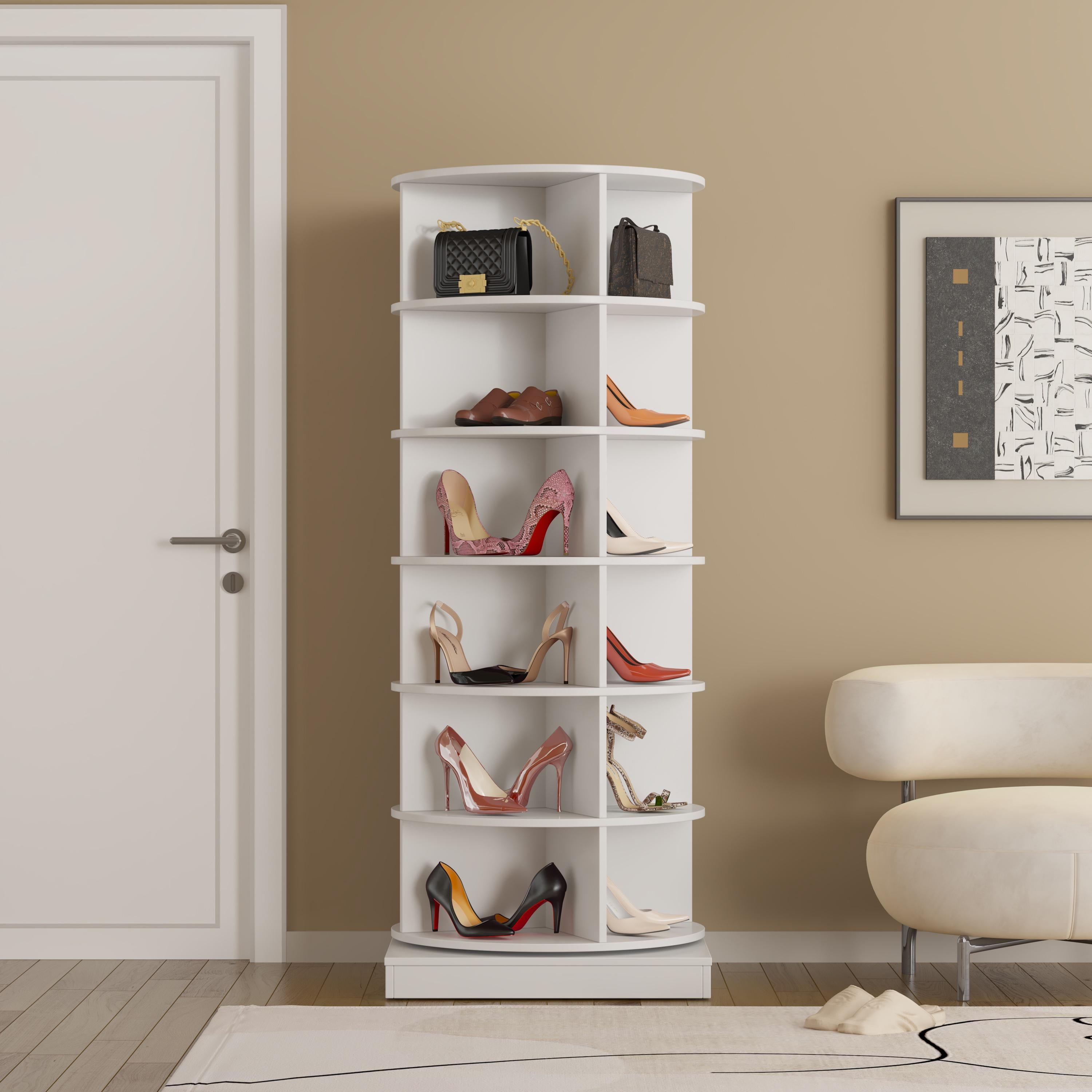 PORKISS 6-Layer Rotating Shoe Cabinet, Modern Tall Shoe Rack with Open Storage Space Hold 24 Paris shoes, Freestanding 360 Rotating Shoe Rack Tower, Round Shoe Rack for Home, White