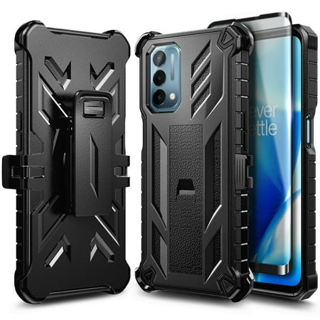 OnePlus Nord N200 5G Phone Case with Tempered Glass Screen Protector (Full Coverage), Nagebee Belt Clip [Military-Grade] Armor with Belt Clip Holster & Built-In Kickstand Shockproof Case (Black)