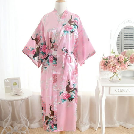 Pink Womens Underwear Women Print Blossom Kimono Dressing Gown Bath Robe Lingerie Nightdress