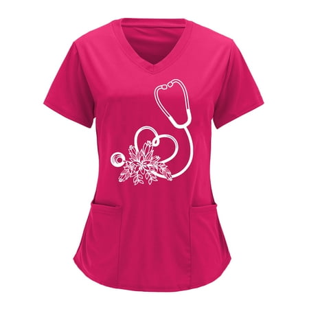

Youmylove Women Scrubs Top V-Neck Solid Color Working Uniform Short Sleeve Overalls Clothing